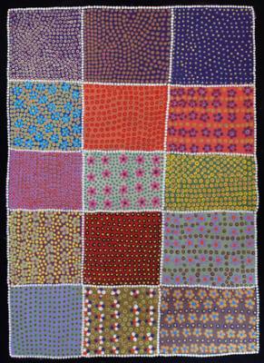 Australian Indigenous (Aboriginal and Torres Strait Islander) artwork by GRACE ROBINYA of Tangentyere Artists. The title is Coloured Blankets. [TAGR10C3870] (Acrylic on Canvas)
