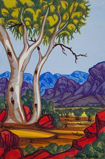 Australian Indigenous (Aboriginal and Torres Strait Islander) artwork by MERVYN RUBUNTJA of Ngurratjuta Iltja Ntjarra (Many Hands). The title is Country around Coniston Way. [NGUR09MRU8348] (Watercolour on Paper)