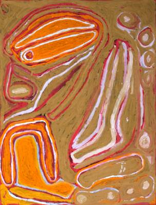 Australian Indigenous (Aboriginal and Torres Strait Islander) artwork by NORA NUNGABAR of Martumili Artists. The title is Country around Kunawarritji. [09-168] (Acrylic on Linen)