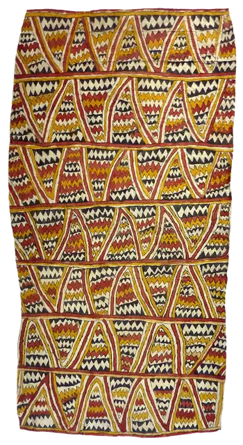 Australian Indigenous (Aboriginal and Torres Strait Islander) artwork by ASPASIA GADAI (YÉWO) of Omie Artists. The title is Dahoru’e Ohu’o Buborianö’e – Ömie Mountains and Beaks of Blyth’s Hornbill. [OM11-173] (Natural Pigments on Nioge (Woman’s Barkcloth Skirt))