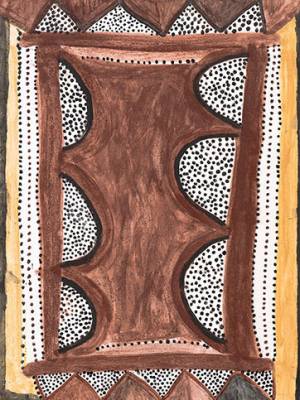 Australian Indigenous (Aboriginal and Torres Strait Islander) artwork by MICK JAWALJI of Warmun Artists. The title is Dabanjuwa. [WAC769/04] (Natural Ochre and Pigments on Plywood)
