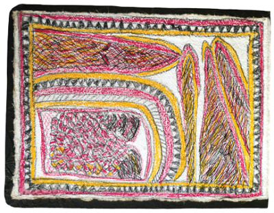 Australian Indigenous (Aboriginal and Torres Strait Islander) artwork by FATE SAVARI (ISAWDI) of Omie Artists. The title is Dahore Huvaimo, Dahore Omie, Dahore Guwago, Dahore Marerio, Dahore A’oji ohuo ije biweje, mokojo hwé ahe - Mount Lamington (Huvaimo), Mount Omie, Mount Guwago, Mount Marerio and Mount A’oji, boys chopping tree branches and markings of the parrot’s feathers. [14-200] (Pencil and Ink on Paper (and Board))