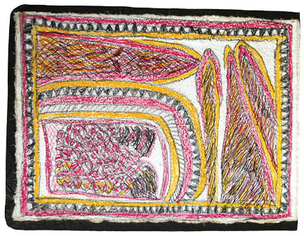 Australian Indigenous (Aboriginal and Torres Strait Islander) artwork by FATE SAVARI (ISAWDI) of Omie Artists. The title is Dahore Huvaimo, Dahore Omie, Dahore Guwago, Dahore Marerio, Dahore A’oji ohuo ije biweje, mokojo hwé ahe - Mount Lamington (Huvaimo), Mount Omie, Mount Guwago, Mount Marerio and Mount A’oji, boys chopping tree branches and markings of the parrot’s feathers. [14-200] (Pencil and Ink on Paper (and Board))