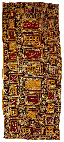 Australian Indigenous (Aboriginal and Torres Strait Islander) artwork by DIONA JONEVARI (SUWARARI) of Omie Artists. The title is Dahoru’e, buborianö’e, vë’i ija ahe, odunaigö’e , jö’o sor’e, sabu ahe ohu’o siha’e – Ömie mountains, beaks of the Papuan Hornbill, bone of the lizard, jungle vine, uncurling fern fronds, spots of the wood-boring grub and fruit of the Sihe tree. [15-086] (Natural Pigments on Nioge (Barkcloth))