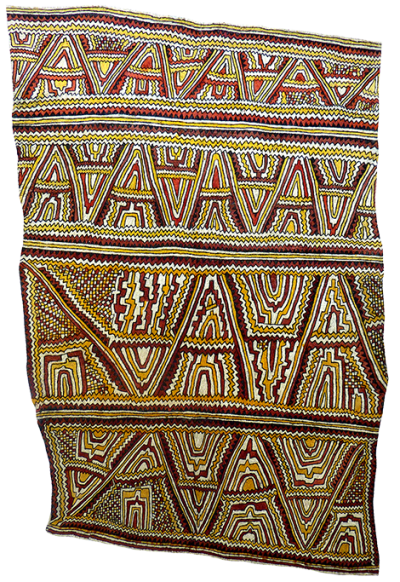 Australian Indigenous (Aboriginal and Torres Strait Islander) artwork by MALA NARI (MATOSI) of Omie Artists. The title is Dahoru’e, hitai, buborianö’e ohu’o tuböre une – Ömie mountains, river boulders, beaks of the Papuan Hornbill and eggs of the Dwarf Cassowary. [14-105] (Natural Pigments on Nioge (Barkcloth))