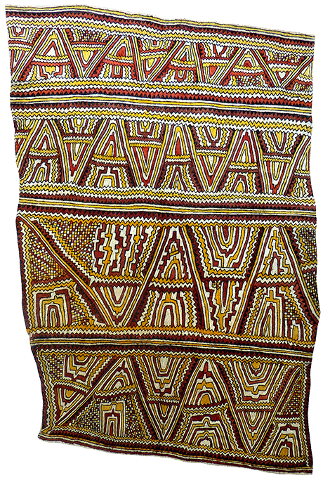 Australian Indigenous (Aboriginal and Torres Strait Islander) artwork by MALA NARI (MATOSI) of Omie Artists. The title is Dahoru’e, hitai, buborianö’e ohu’o tuböre une – Ömie mountains, river boulders, beaks of the Papuan Hornbill and eggs of the Dwarf Cassowary. [14-105] (Natural Pigments on Nioge (Barkcloth))