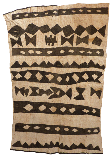 Australian Indigenous (Aboriginal and Torres Strait Islander) artwork by BRENDA KESI (ARIRÉ) of Omie Artists. The title is Dahoru’e, Taliobamë’e Siha’e, Mododa’e Diburi’e Hijë’oho Ohu’o Ivi’inö’uo Ija’e – Ömie Mountains, Fruit of the Tree, Tailfeathers of the Swift in Flight and Tailbone of the Wallaby. [OM11-076] (Sihoti’e Taliobamë’e - Appliquéd Mud-Dyed Barkcloth)