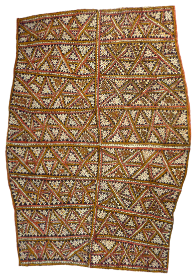 Australian Indigenous (Aboriginal and Torres Strait Islander) artwork by BOTHA KIMMIKIMMI (HIROKIKI) of Omie Artists. The title is Dahoru’e, Tuböre Une Ohu’o Sabu Ahe – Ömie Mountains, Eggs of the Dwarf Cassowary and Spots of the Wood-Boring Grub. [OM11-178] (Natural Pigments on Nioge (Woman’s Barkcloth Skirt))