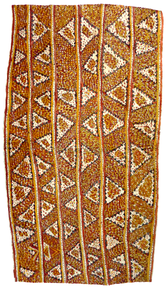 Australian Indigenous (Aboriginal and Torres Strait Islander) artwork by BOTHA KIMMIKIMMI (HIROKIKI) of Omie Artists. The title is Dahoru’e, Tuböre Une Ohu’o Sabu Ahe – Ömie Mountains, Eggs of the Dwarf Cassowary and Spots of the Wood-Boring Grub. [OM11-179] (Natural Pigments on Nioge (Woman’s Barkcloth Skirt))