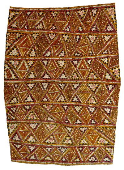 Australian Indigenous (Aboriginal and Torres Strait Islander) artwork by BOTHA KIMMIKIMMI (HIROKIKI) of Omie Artists. The title is Dahoru’e, Tuböre Une Ohu’o Sabu Ahe – Ömie Mountains, Eggs of the Dwarf Cassowary and Spots of the Wood-Boring Grub. [OM12-011] (Natural Pigments on Nioge (Woman’s Barkcloth Skirt))