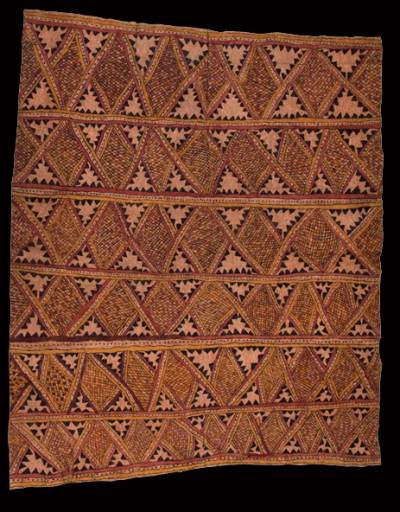 Australian Indigenous (Aboriginal and Torres Strait Islander) artwork by BOTHA KIMMIKIMMI (HIROKIKI) of Omie Artists. The title is Dahoru’e, tuböru une ohu’o sabu ahe - Ömie mountains, Eggs of the Dwarf Cassowary and Spots of the Wood-Boring Grub. [OM10-076] (Natural Pigments on Nioge (Barkcloth))