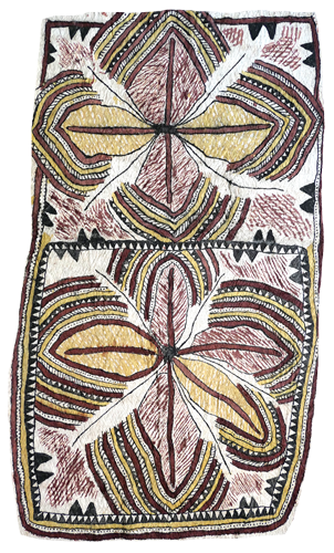 Australian Indigenous (Aboriginal and Torres Strait Islander) artwork by FATE SAVARI (ISAWDI) of Omie Artists. The title is Dahorurajé clan design of varib’e (seve, warubö han’e, mahuva’oje ohu’o ije behe) - Dahorurajé clan design of the small palm (with small black palm, leaves of the warubé plant, pig hoofprints and plant stems). [14-128] (Natural Pigments on Barkcloth)