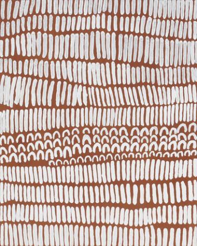 Australian Indigenous (Aboriginal and Torres Strait Islander) artwork by LENA NYADBI of Warmun Artists. The title is Dayiwul and Jimbirla Ngarrangkarni. [WAC438/11] (Natural Ochre and Pigments on Canvas)
