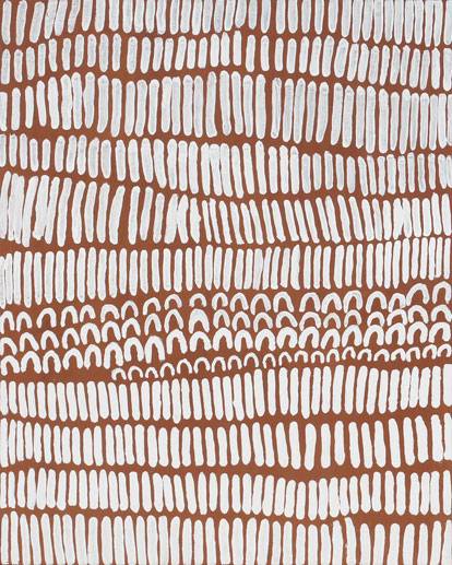 Australian Indigenous (Aboriginal and Torres Strait Islander) artwork by LENA NYADBI of Warmun Artists. The title is Dayiwul and Jimbirla Ngarrangkarni. [WAC438/11] (Natural Ochre and Pigments on Canvas)