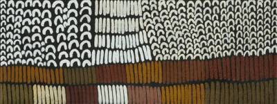 Australian Indigenous (Aboriginal and Torres Strait Islander) artwork by LENA NYADBI of Warmun Artists. The title is Dayiwul and Jimbirla Ngarrangkarni. [WAC049/09] (Natural Ochre and Pigments on Canvas)