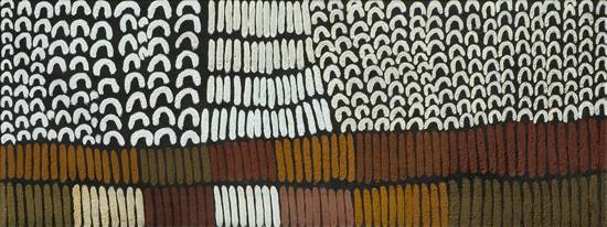 Australian Indigenous (Aboriginal and Torres Strait Islander) artwork by LENA NYADBI of Warmun Artists. The title is Dayiwul and Jimbirla Ngarrangkarni. [WAC049/09] (Natural Ochre and Pigments on Canvas)