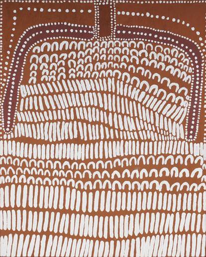 Australian Indigenous (Aboriginal and Torres Strait Islander) artwork by LENA NYADBI of Warmun Artists. The title is Dayiwul Ngarrangkarni. [WAC399/11] (Natural Ochre and Pigments on Canvas)