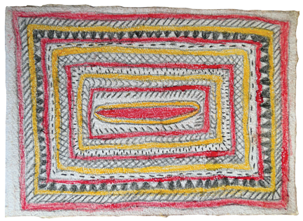 Australian Indigenous (Aboriginal and Torres Strait Islander) artwork by FATE SAVARI (ISAWDI) of Omie Artists. The title is Deje borom’e, dubidubi han’e, mi’ija’ahe, nenyai, mokojo hwe ahe ohu’o ije bi’weje - Big yams, orchid leaves, old animal bones found while digging in the garden, women’s white seashell forehead adornment, markings of the parrot’s feathers and boys chopping tree branches. [14-203] (Pencil and Ink on Paper)