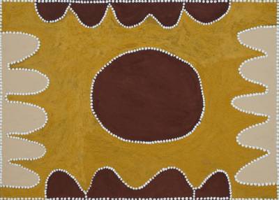 Australian Indigenous (Aboriginal and Torres Strait Islander) artwork by JOCK MOSQUITO of Warmun Artists. The title is Desert Country. [WAC 107/09] (Natural Ochre and Pigments on Canvas)