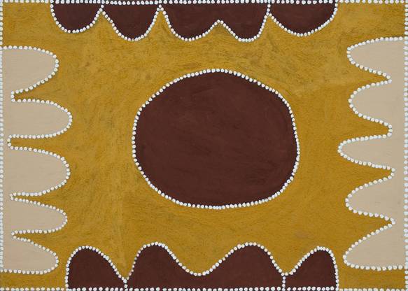 Australian Indigenous (Aboriginal and Torres Strait Islander) artwork by JOCK MOSQUITO of Warmun Artists. The title is Desert Country. [WAC 107/09] (Natural Ochre and Pigments on Canvas)