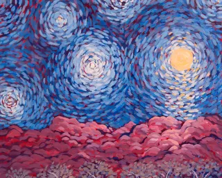 Australian Indigenous (Aboriginal and Torres Strait Islander) artwork by SARAH BROWN of Miscellaneous Artists. The title is Desert Stars. [SB201610039] (Acrylic on Gesso Board)