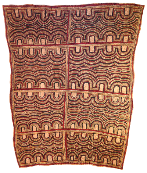 Australian Indigenous (Aboriginal and Torres Strait Islander) artwork by LILA WARRIMOU (MISASO) of Omie Artists. The title is Design of the ceremonial shell necklace and spots of the wood-boring grub. [11-140] (Natural Pigments on Nioge (Barkcloth))