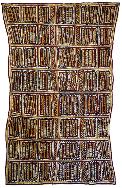 Australian Indigenous (Aboriginal and Torres Strait Islander) artwork by LILA WARRIMOU (MISASO) of Omie Artists. The title is Design of the ceremonial shell necklace, pig hoof-prints in the garden, beaks of the Papuan Hornbill and spots of the wood-boring grub. [18-016] (Natural Pigments on Nioge (Woman’s Barkcloth Skirt)