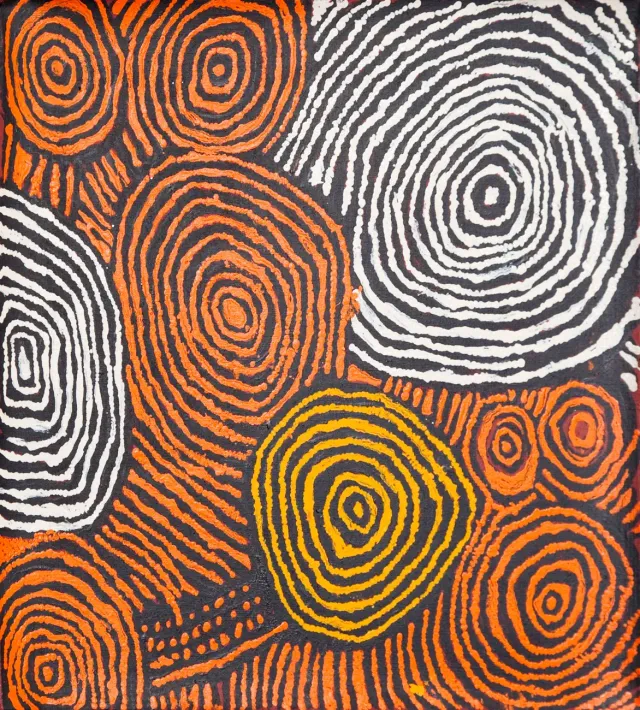 Australian Indigenous (Aboriginal and Torres Strait Islander) artwork by JOHNNY YUNGUT TJUPURRULA of Papunya Tula Artists. The title is Designs Associated with Tjulnga. [JY0806072] (Acrylic on Belgian Linen)
