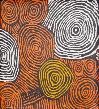 Australian Indigenous (Aboriginal and Torres Strait Islander) artwork by JOHNNY YUNGUT TJUPURRULA of Papunya Tula Artists. The title is Designs Associated with Tjulnga. [JY0806072] (Acrylic on Belgian Linen)