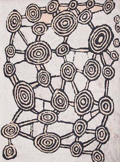 Australian Indigenous (Aboriginal and Torres Strait Islander) artwork by JOHNNY YUNGUT TJUPURRULA of Papunya Tula Artists. The title is Designs Associated with Tjulnga. [JY1201054] (Acrylic on Belgian Linen)