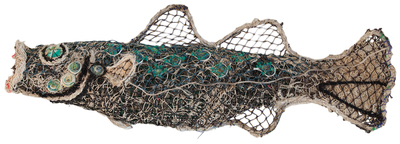 Australian Indigenous (Aboriginal and Torres Strait Islander) artwork by LYNNETTE GRIFFITHS of Miscellaneous Artists. The title is Diamond Scale Mullet. [LG_2015_01] (Ghost Nets, Rope & Twine over Mesh Frame)