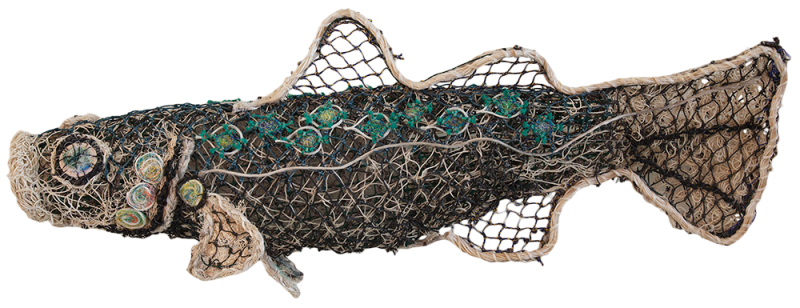Australian Indigenous (Aboriginal and Torres Strait Islander) artwork by LYNNETTE GRIFFITHS of Miscellaneous Artists. The title is Diamond Scale Mullet. [LG_2015_04] (Ghost Nets, Rope & Twine over Mesh Frame)