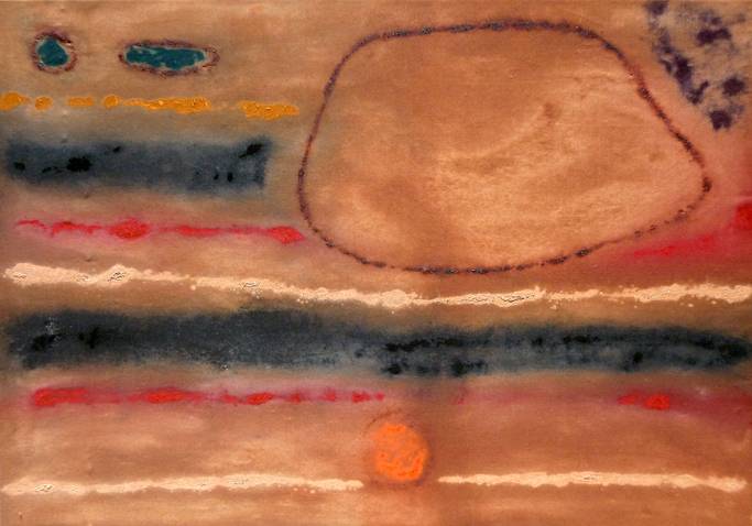 Australian Indigenous (Aboriginal and Torres Strait Islander) artwork by LINDSAY HARRIS of Miscellaneous Artists. The title is Djedalak Boodja (Old country). [22 - Djedalak Boodja (Old country)] (Pigment, Resin and Clay on Hemp)