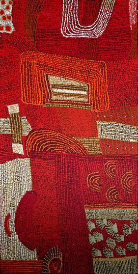 Australian Indigenous (Aboriginal and Torres Strait Islander) artwork by YURPIYA LIONEL of Ernabella Artists. The title is Donald’s Well. [213-12] (Acrylic on Canvas)