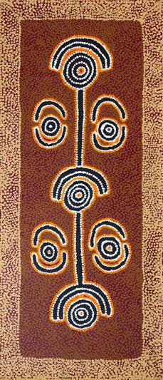 Australian Indigenous (Aboriginal and Torres Strait Islander) artwork by PADDY JAPALJARRI STEWART of Warlukurlangu Artists (Yuendumu). The title is Door 1 - Yaparranji Jukurrpa (Young Boys Dreaming). [241/08] (Acrylic on Belgian Linen)