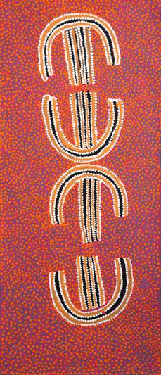 Australian Indigenous (Aboriginal and Torres Strait Islander) artwork by PADDY JAPALJARRI STEWART of Warlukurlangu Artists (Yuendumu). The title is Door 1 - Yaparranji Jukurrpa (Young Boys Dreaming). [2542/11] (Acrylic on Belgian Linen)