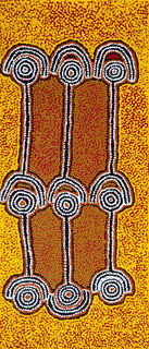 Australian Indigenous (Aboriginal and Torres Strait Islander) artwork by PADDY JAPALJARRI STEWART of Warlukurlangu Artists (Yuendumu). The title is Door 1 - Yaparranji Jukurrpa (Young Boys Dreaming). [4768/10] (Acrylic on Belgian Linen)