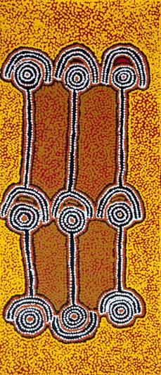 Australian Indigenous (Aboriginal and Torres Strait Islander) artwork by PADDY JAPALJARRI STEWART of Warlukurlangu Artists (Yuendumu). The title is Door 1 - Yaparranji Jukurrpa (Young Boys Dreaming). [4768/10] (Acrylic on Belgian Linen)