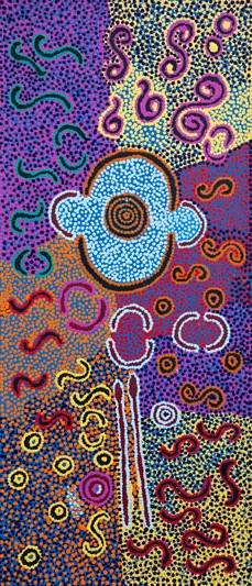 Australian Indigenous (Aboriginal and Torres Strait Islander) artwork by PADDY JAPALJARRI STEWART of Warlukurlangu Artists (Yuendumu). The title is Door 10 - Ngarlkirdi Jukurrpa (Witchetty Grub Dreaming) - Yarlukarri. [2422/11] (Acrylic on Belgian Linen)