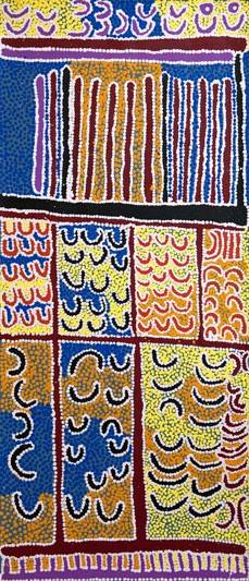 Australian Indigenous (Aboriginal and Torres Strait Islander) artwork by PADDY JAPALJARRI STEWART of Warlukurlangu Artists (Yuendumu). The title is Door 11 - Karnta Jukurrpa (Women Dreaming). [2613/11] (Acrylic on Belgian Linen)