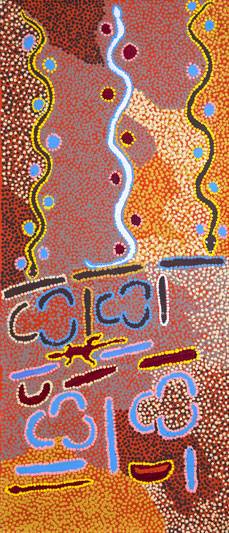 Australian Indigenous (Aboriginal and Torres Strait Islander) artwork by PADDY JAPALJARRI STEWART of Warlukurlangu Artists (Yuendumu). The title is Door 13 - (1/2 Panels) - Karnta manu Warna Jukurrpa (Women and Snake Dreaming). [2735/11] (Acrylic on Belgian Linen)