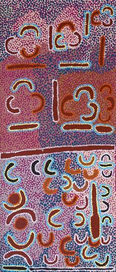 Australian Indigenous (Aboriginal and Torres Strait Islander) artwork by PADDY JAPALJARRI STEWART of Warlukurlangu Artists (Yuendumu). The title is Door 13 - (2/2 panels) - Karnta manu Warna Jukurrpa (Women and Snake Dreaming). [2736/11] (Acrylic on Belgian Linen)