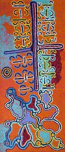 Australian Indigenous (Aboriginal and Torres Strait Islander) artwork by PADDY JAPALJARRI STEWART of Warlukurlangu Artists (Yuendumu). The title is Door 14 - Karnta manu Warla Jukurrpa (Women and Wedge-tailed Eagle Dreaming). [2415/11] (Acrylic on Belgian Linen)