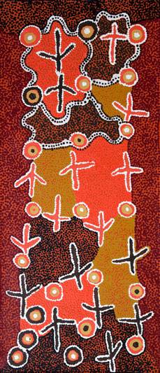 Australian Indigenous (Aboriginal and Torres Strait Islander) artwork by PADDY JAPALJARRI STEWART of Warlukurlangu Artists (Yuendumu). The title is Door 15 - Warlawurru Jukurrpa (Wedge-tailed Eagle Dreaming) - Wakurlpa & Yuwarli. [919/11] (Acrylic on Belgian Linen)