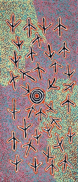 Australian Indigenous (Aboriginal and Torres Strait Islander) artwork by PADDY JAPALJARRI STEWART of Warlukurlangu Artists (Yuendumu). The title is Door 15 - Warlawurru Jukurrpa (Wedge-tailed Eagle Dreaming) - Wakurlpa & Yuwarli. [2017/11] (Acrylic on Belgian Linen)