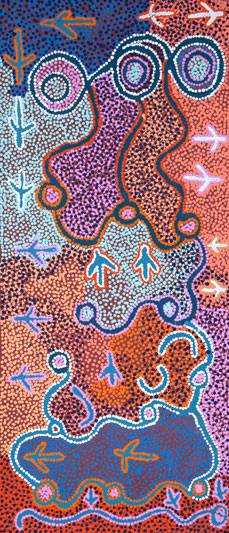 Australian Indigenous (Aboriginal and Torres Strait Islander) artwork by PADDY JAPALJARRI STEWART of Warlukurlangu Artists (Yuendumu). The title is Door 16 - Warlawurrukurlu (Wedge-tailed Eagle Dreaming). [2891/11] (Acrylic on Belgian Linen)