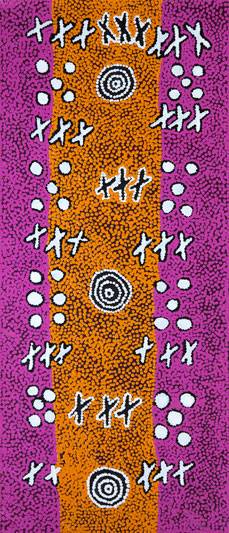 Australian Indigenous (Aboriginal and Torres Strait Islander) artwork by PADDY JAPALJARRI STEWART of Warlukurlangu Artists (Yuendumu). The title is Door 18 - Ngatijirri Jukurrpa (Budgerigar Dreaming). [350/11] (Acrylic on Belgian Linen)