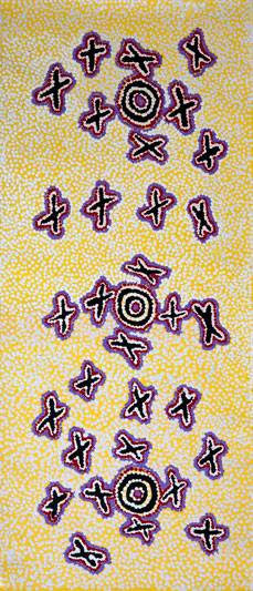 Australian Indigenous (Aboriginal and Torres Strait Islander) artwork by PADDY JAPALJARRI STEWART of Warlukurlangu Artists (Yuendumu). The title is Door 18 - Ngatijirri Jukurrpa (Budgerigar Dreaming). [4697/10] (Acrylic on Belgian Linen)