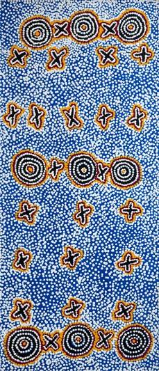 Australian Indigenous (Aboriginal and Torres Strait Islander) artwork by PADDY JAPALJARRI STEWART of Warlukurlangu Artists (Yuendumu). The title is Door 18 - Ngatijirri Jukurrpa (Budgerigar Dreaming). [4826/10] (Acrylic on Belgian Linen)