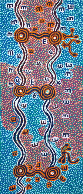 Australian Indigenous (Aboriginal and Torres Strait Islander) artwork by PADDY JAPALJARRI STEWART of Warlukurlangu Artists (Yuendumu). The title is Door 19 - (1/2 panels) - Janganpa manu Jajirdi Jukurrpa (Possum and Native Cat/Western Quoll
Dreaming). [3195/11] (Acrylic on Belgian Linen)